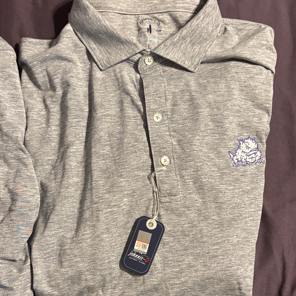 johnnie-O Men's Heather Gray Long Sleeve Polo with Purple Logo